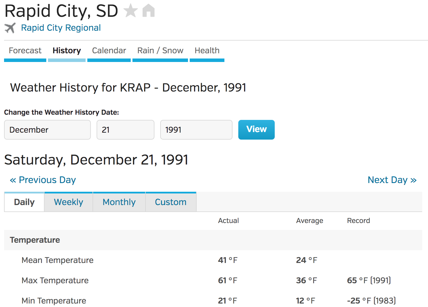 weather underground screen shot for weather in Rapid City, South Dakota on December 21, 1991