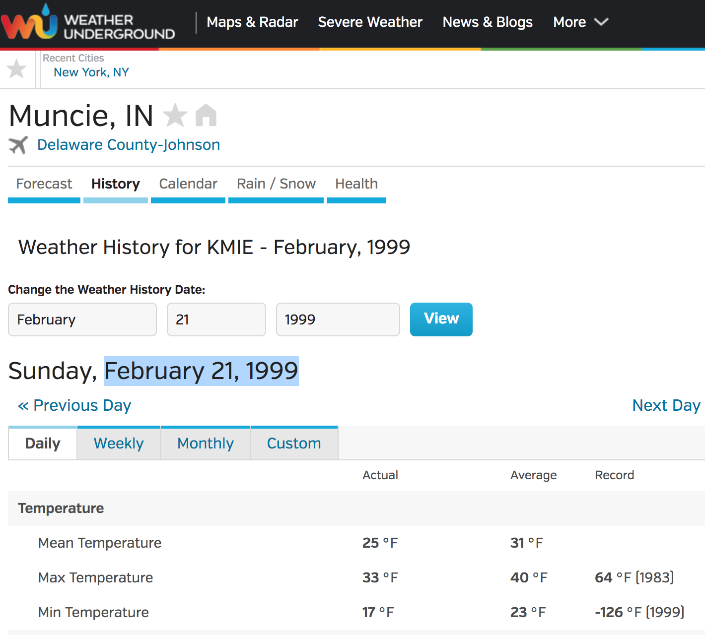 weather underground screen shot for weather in Muncie, Indiana on February 21, 1999 showing a record low of -126